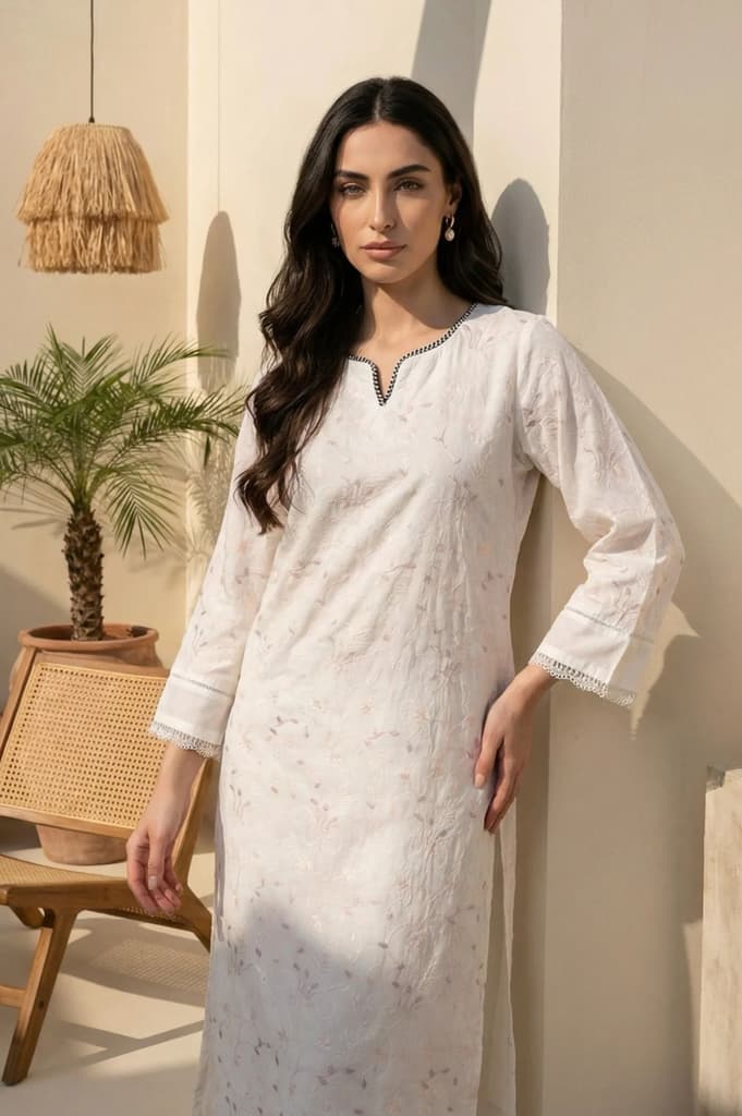 White Chikankari Embroidered Sequins Pure Cotton Straight Kurta — XS