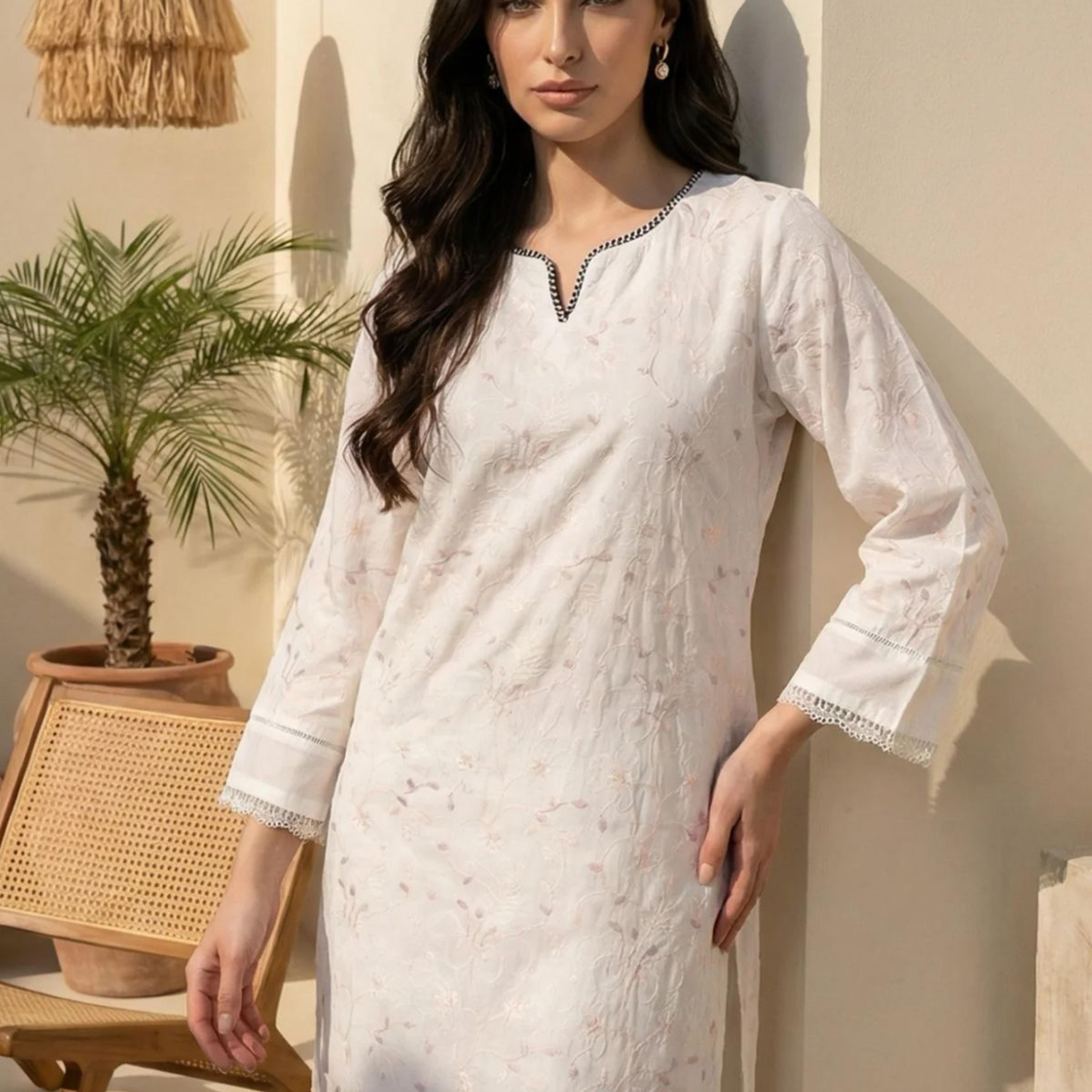 White Chikankari Embroidered Sequins Pure Cotton Straight Kurta