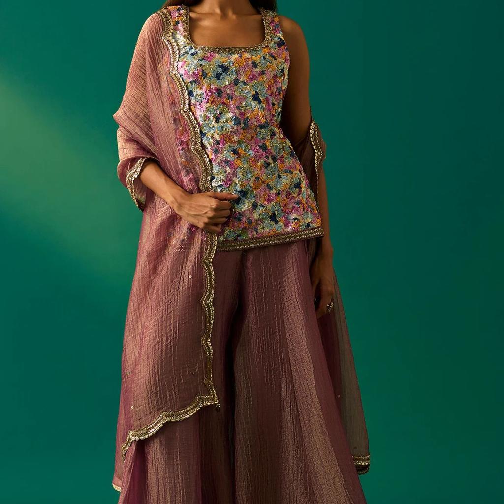 Multicolor Embroidered Straight Tissue Kurta with Culottes and Dupatta Set