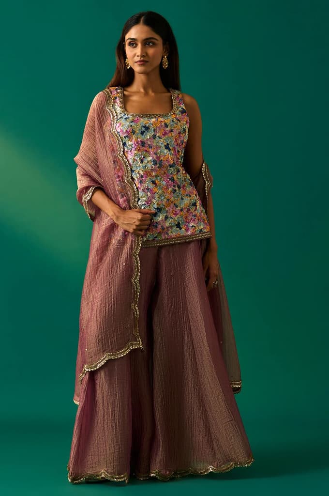 Multicolor Embroidered Straight Tissue Kurta with Culottes and Dupatta Set — XS