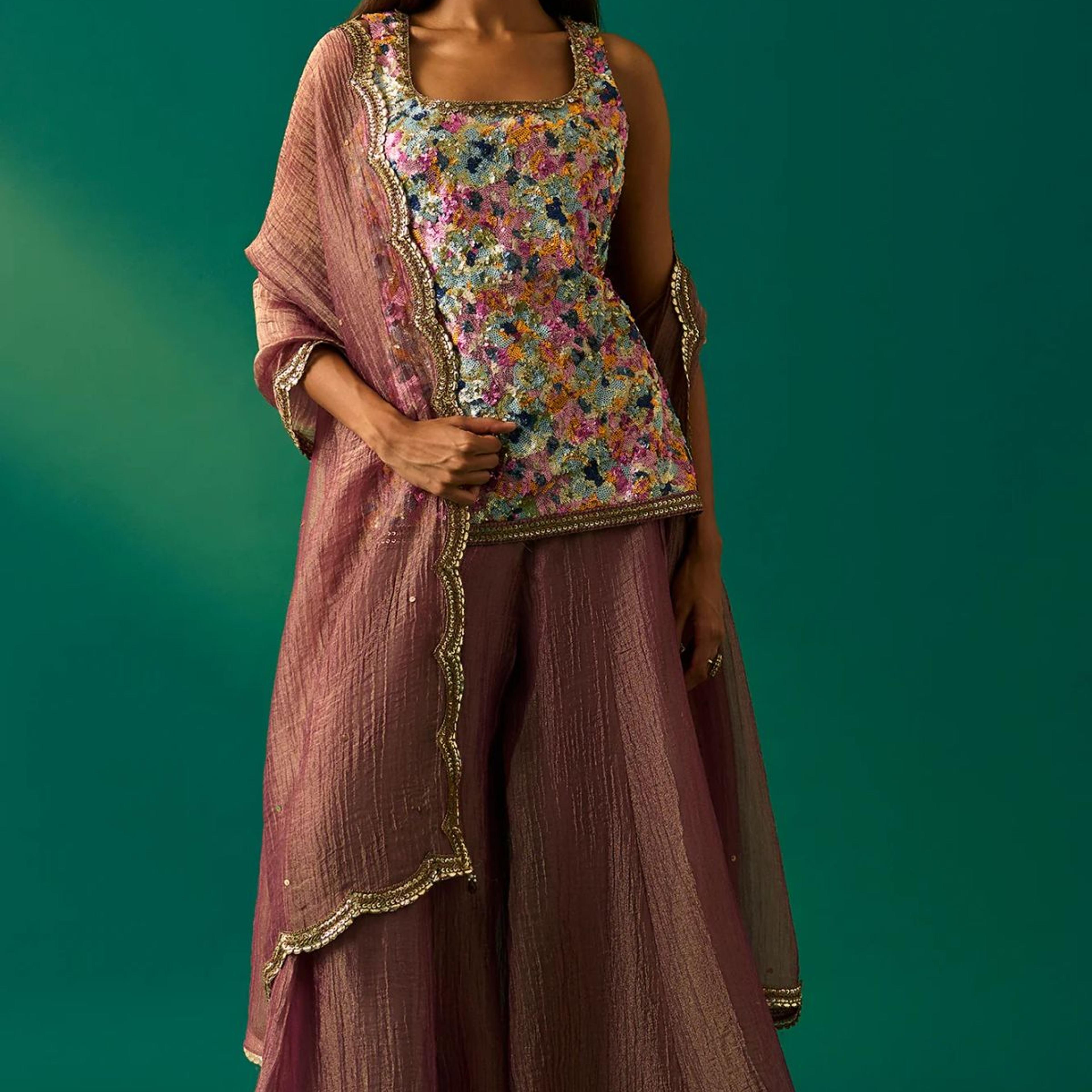 Multicolor Embroidered Straight Tissue Kurta with Culottes and Dupatta Set