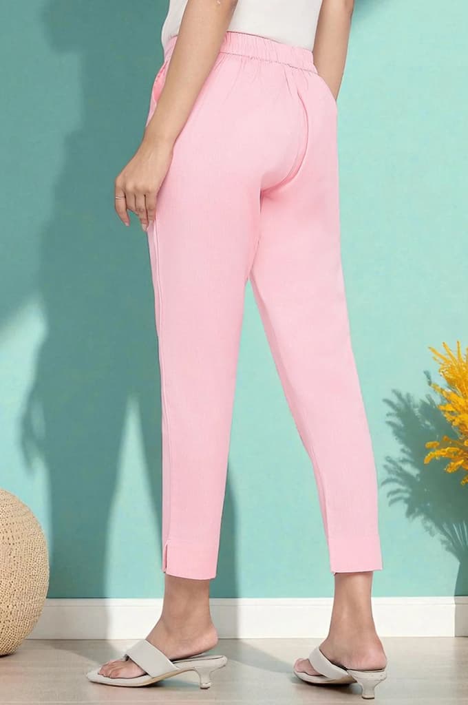 Pink Solid Cotton Flax Trousers in Ankle Length — photo 4