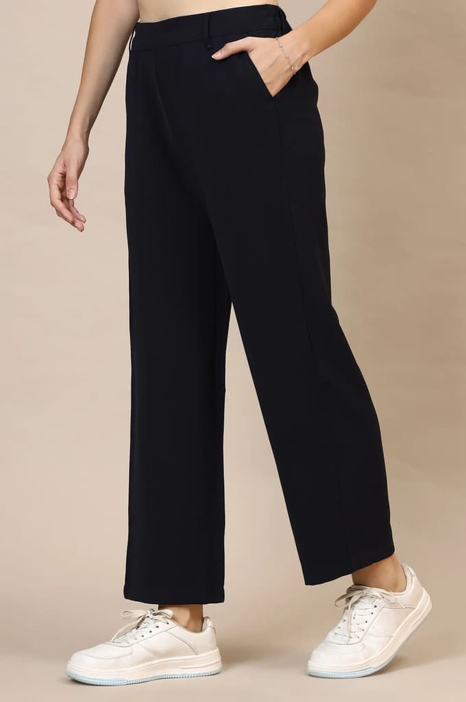 Navy Blue Solid Straight Western Wear Palazzo Pants — photo 3