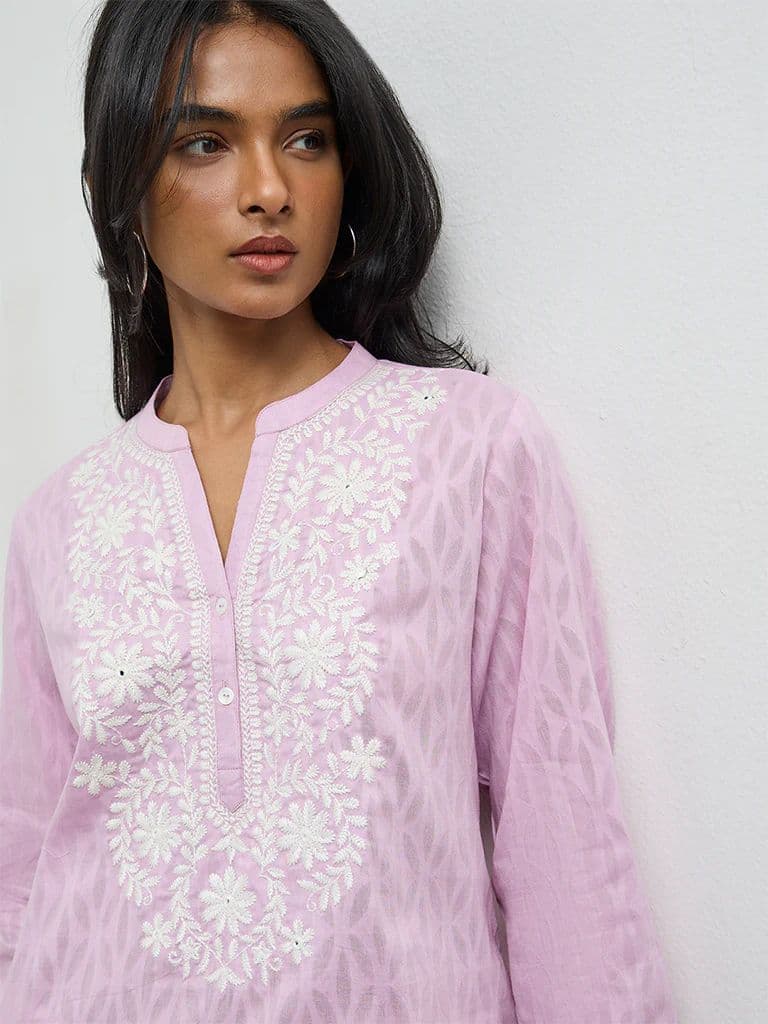 Utsa Lilac Floral Embroidered Cotton-Blend Kurti — photo 3