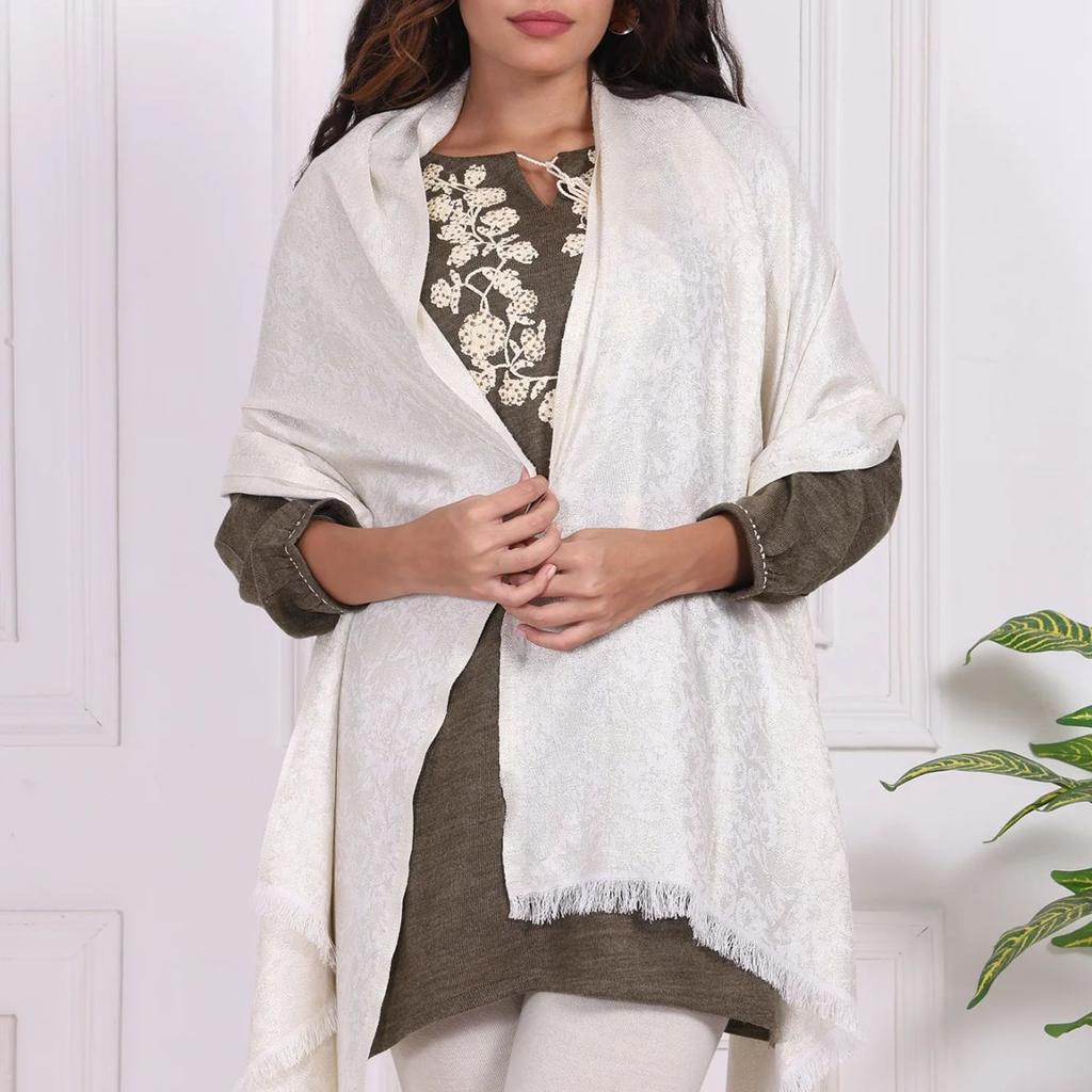 Off-White Textured Woven Design Fringed Stole