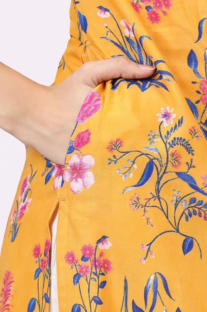 Yellow Floral Printed Modal Straight Kurta with Lace — photo 8