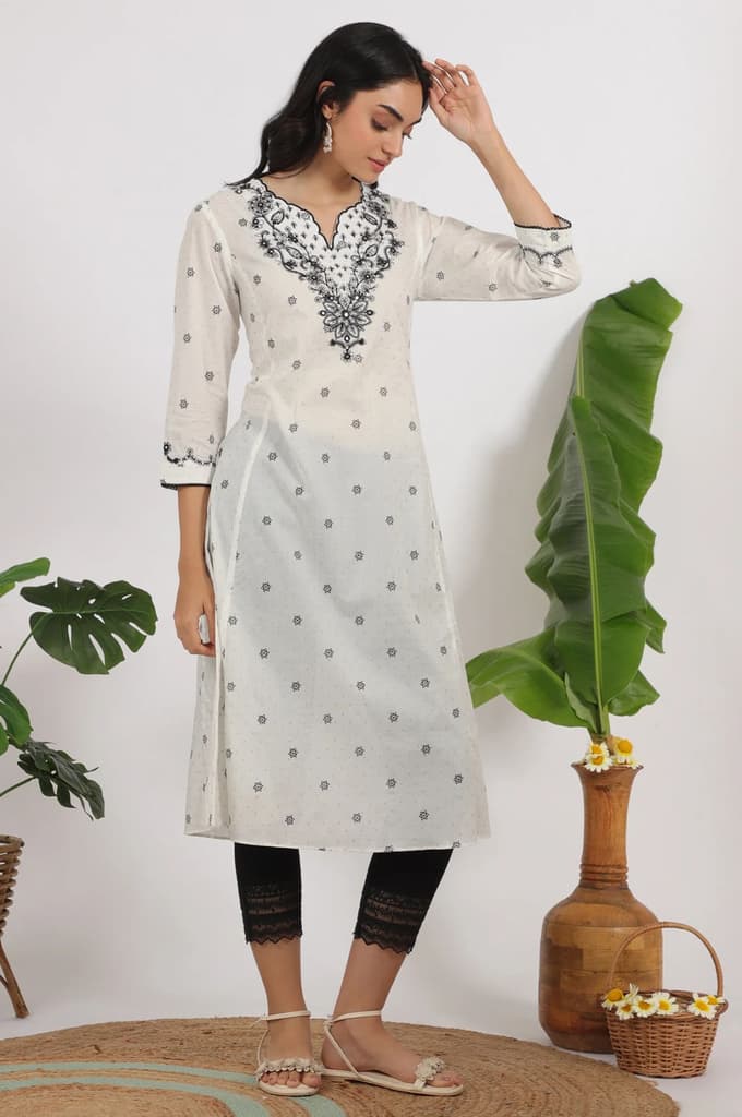 White Printed Cotton Lurex Dobby Flared Kurta with Embroidered Yoke — photo 7