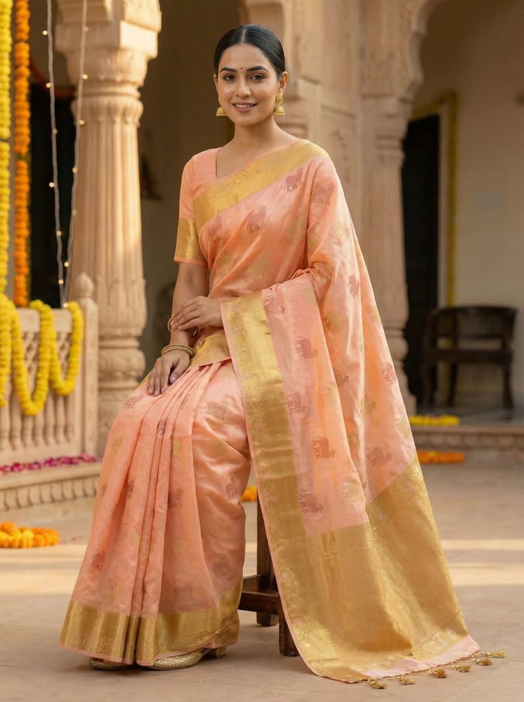 MIMOSA Women's Woven Design Banarasi Style Raw Silk Saree with Blouse Piece - Peach ( SA00003136PCFREE ) — photo 4
