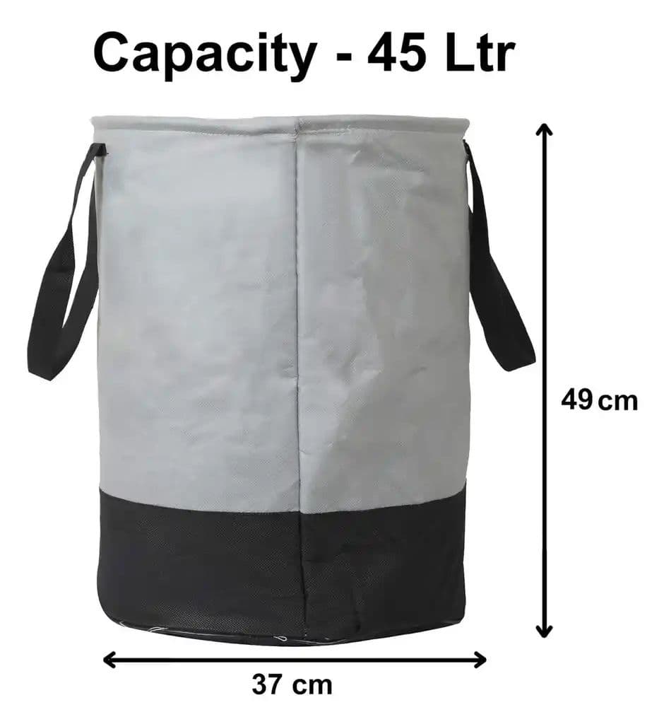 Kuber Industries 45 Liter Waterproof Round Non Wovan Laundry Bag/Hamper With Handles | Grey & Black — photo 3