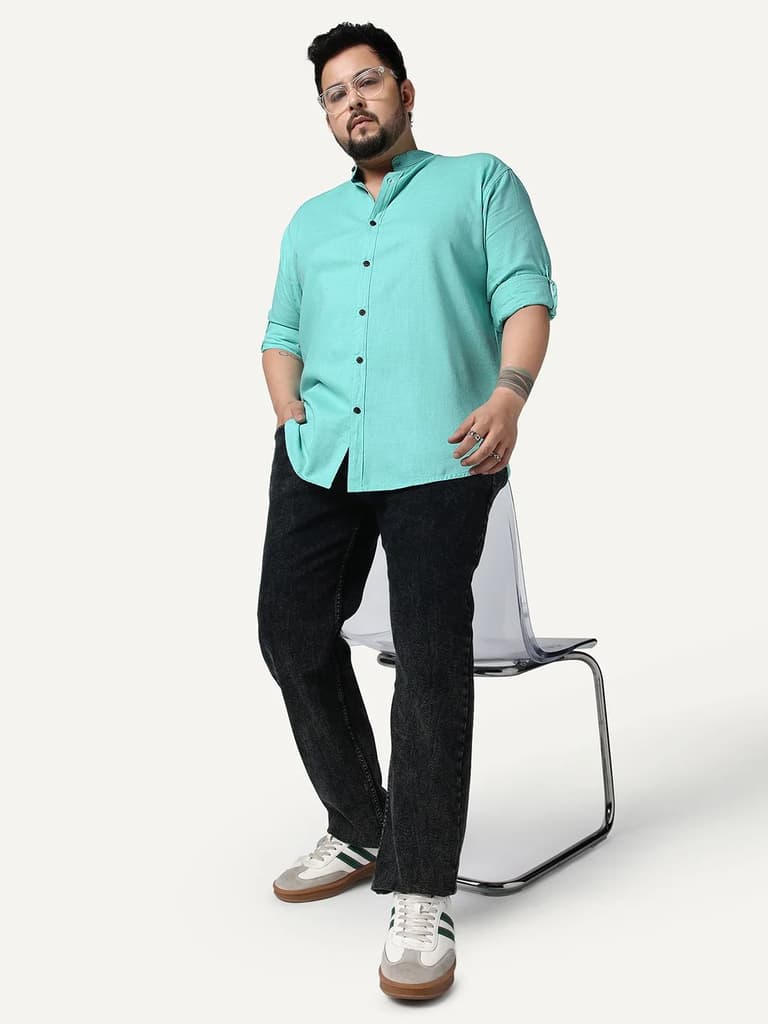 Plus Men's Light Teal Linen Blend Full Sleeve Relaxed Fit Mandarin Collar Casual Solid Shirt — photo 4