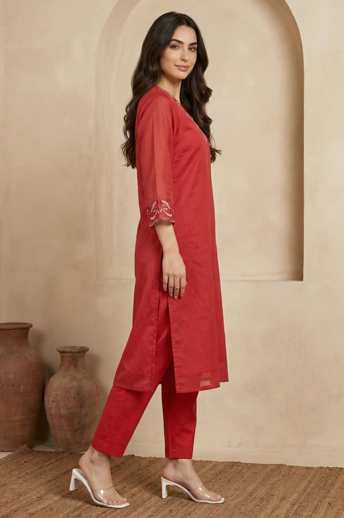 Red Thread Embroidered Straight Chanderi Kurta — photo 6