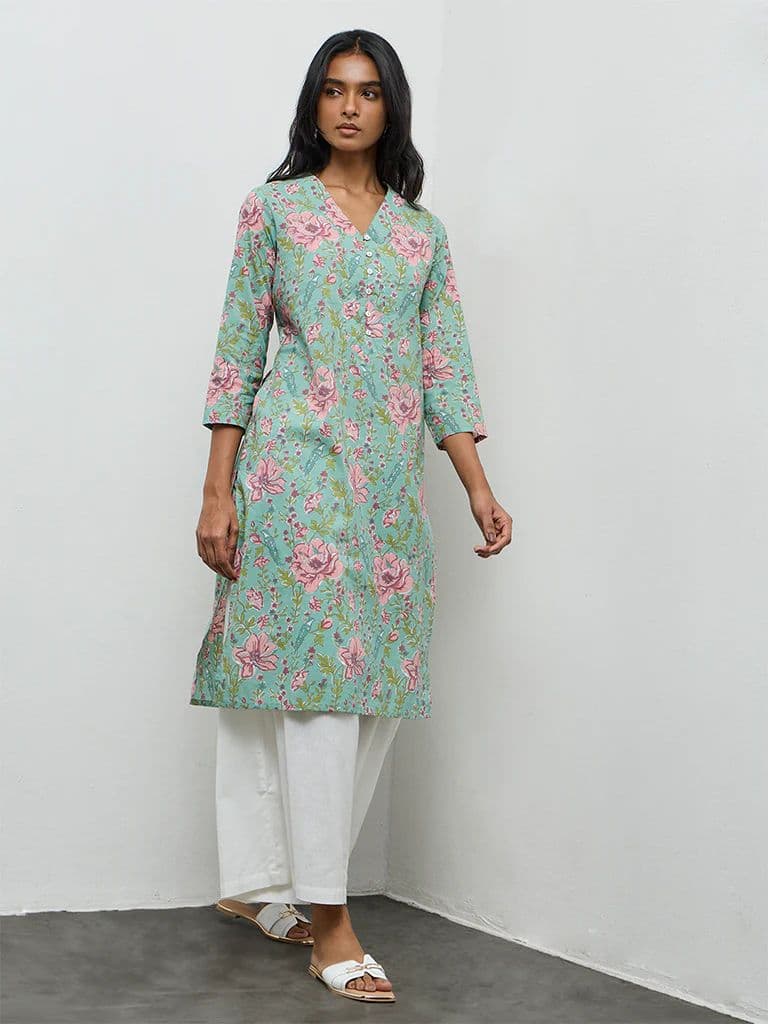 Utsa Aqua Floral Printed Cotton Straight Kurta — photo 2