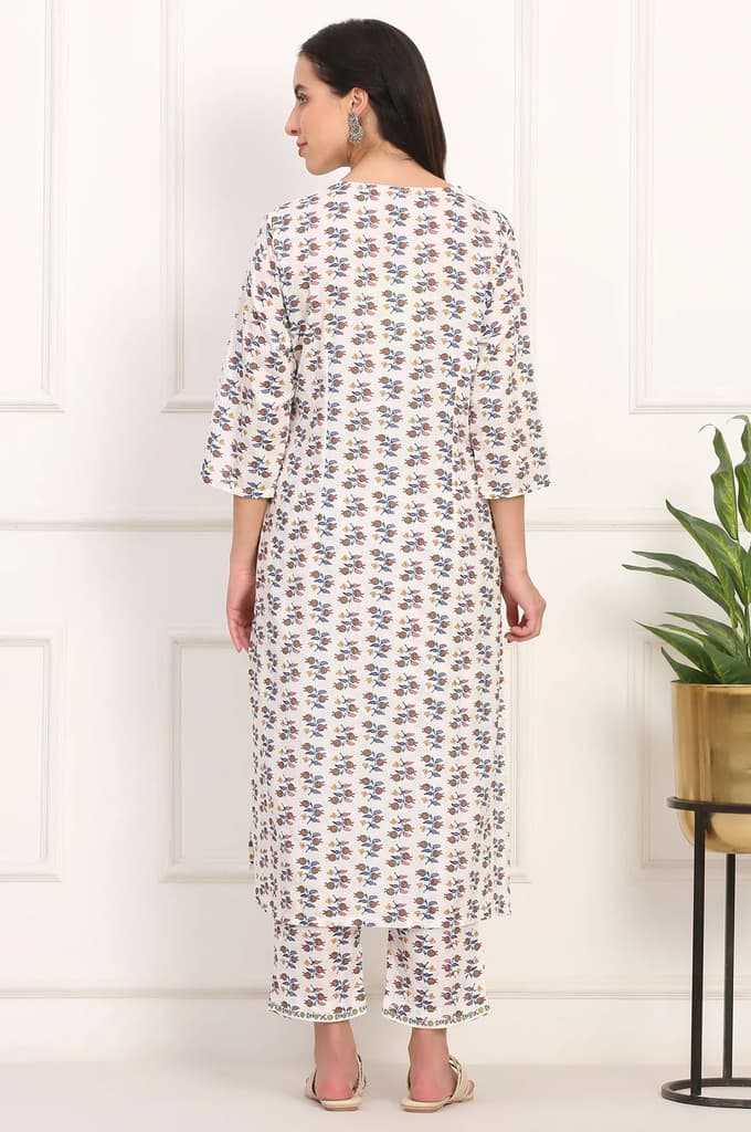 White Floral Printed Straight Pure Cotton Kurta and Straight Pant Co-ord Set — photo 6