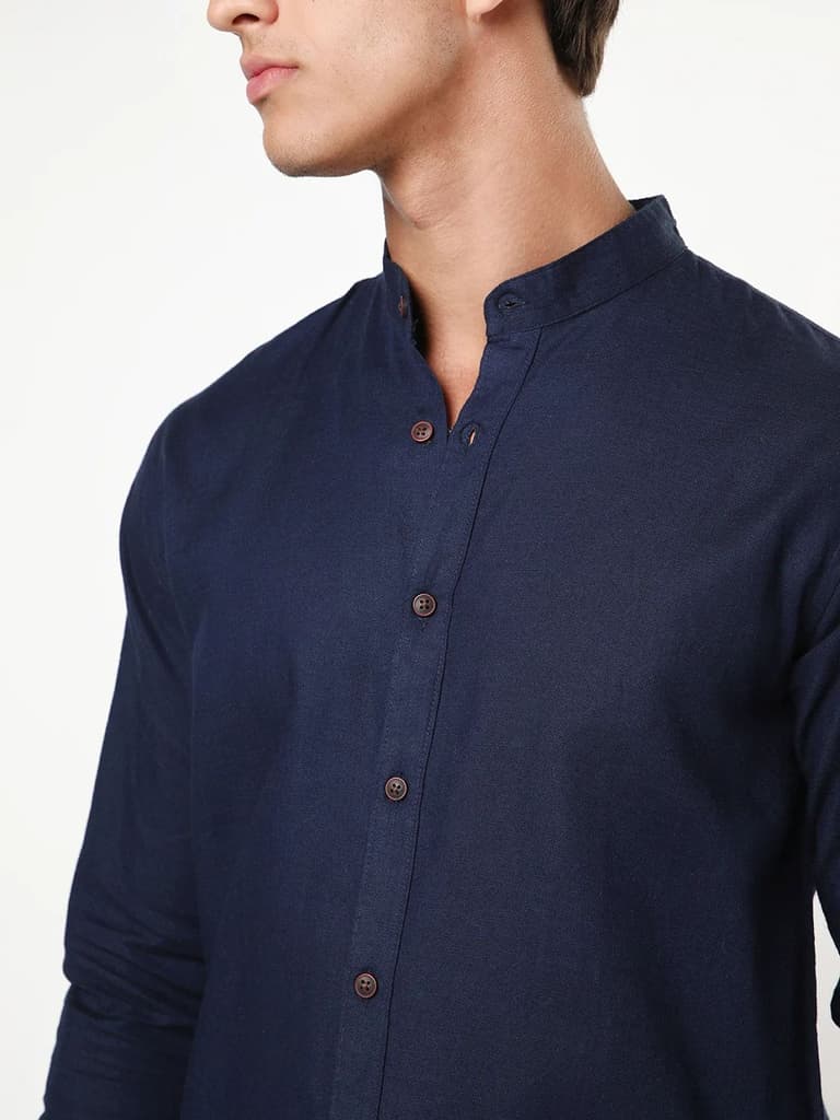 Men's Navy Linen Blend Full Sleeve Relaxed Fit Mandarin Collar Casual Solid Shirt — photo 6