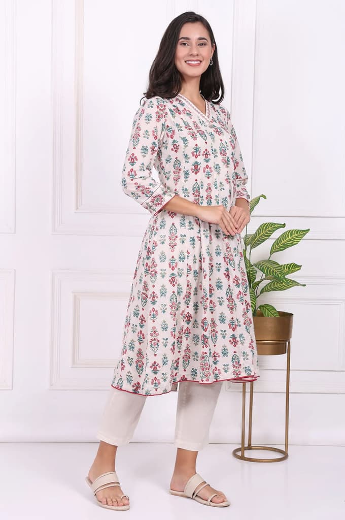 Off-White Floral Printed Thread Embroidered Pure Cotton Flared A-line Kurta — photo 6