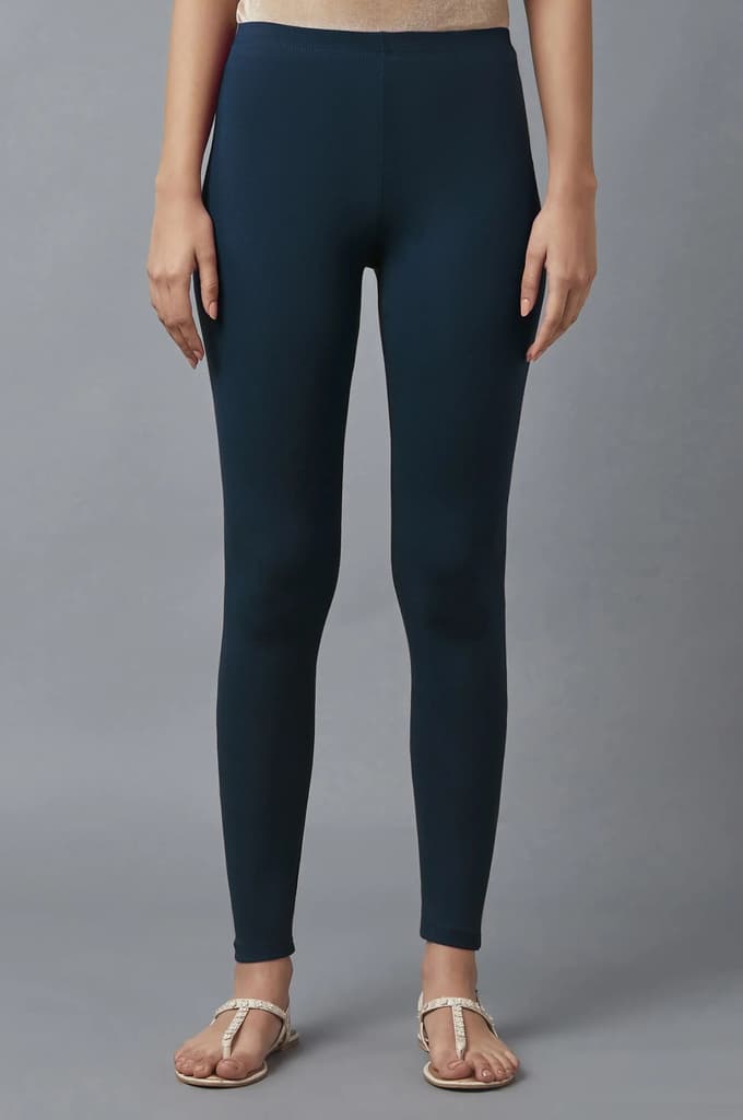 Navy Blue Solid Skinny Fit Cotton Tights With Elasticated Waist