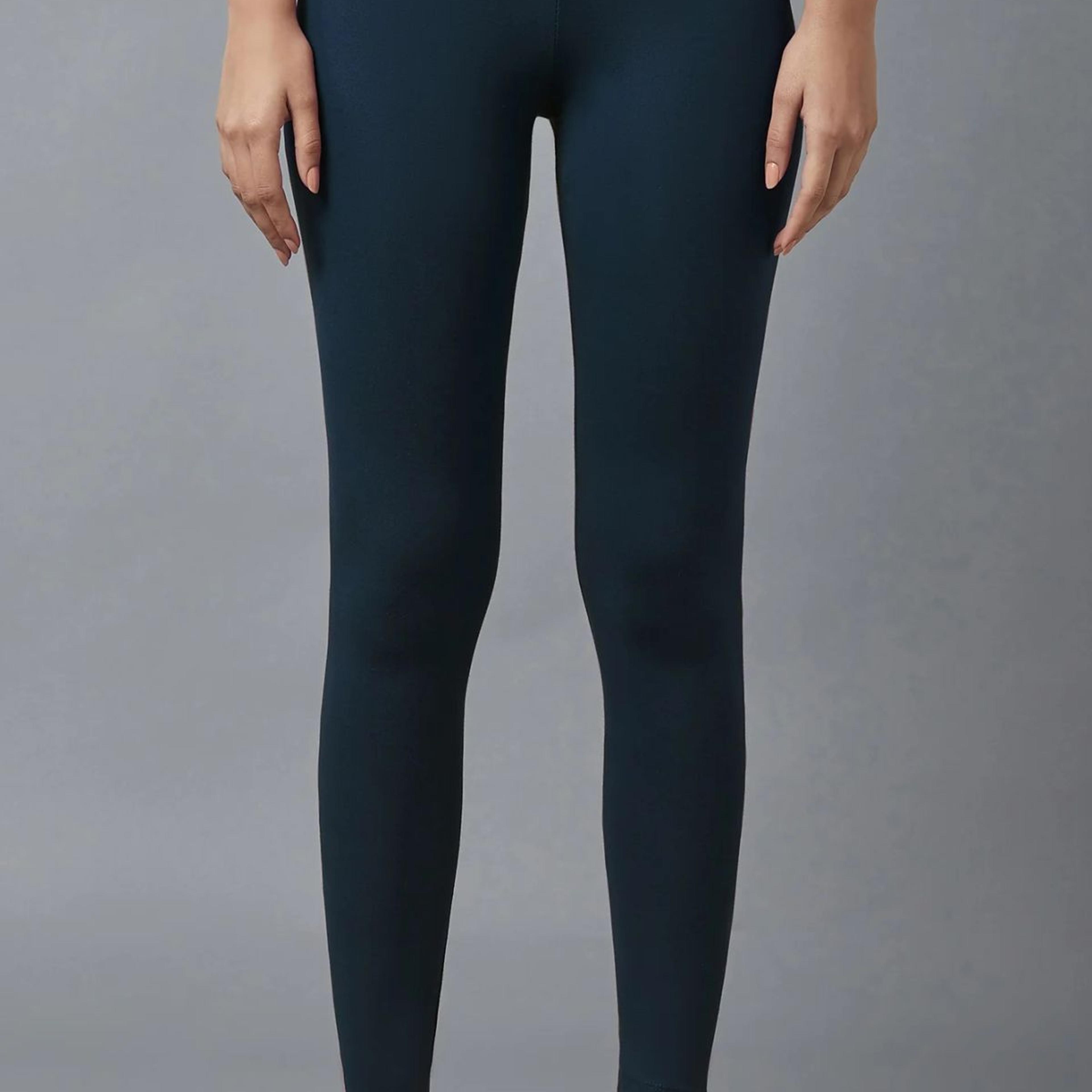 Navy Blue Solid Skinny Fit Cotton Tights With Elasticated Waist