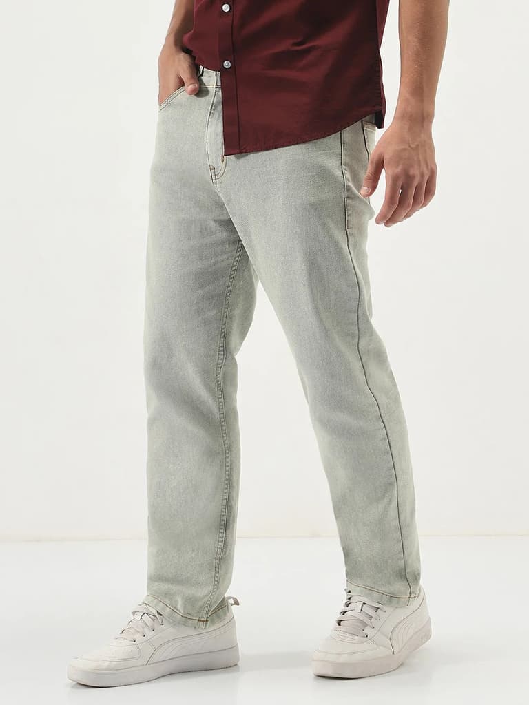 Men's Ice Grey Straight Fit Heavy Washed Jeans Stretchable — photo 2