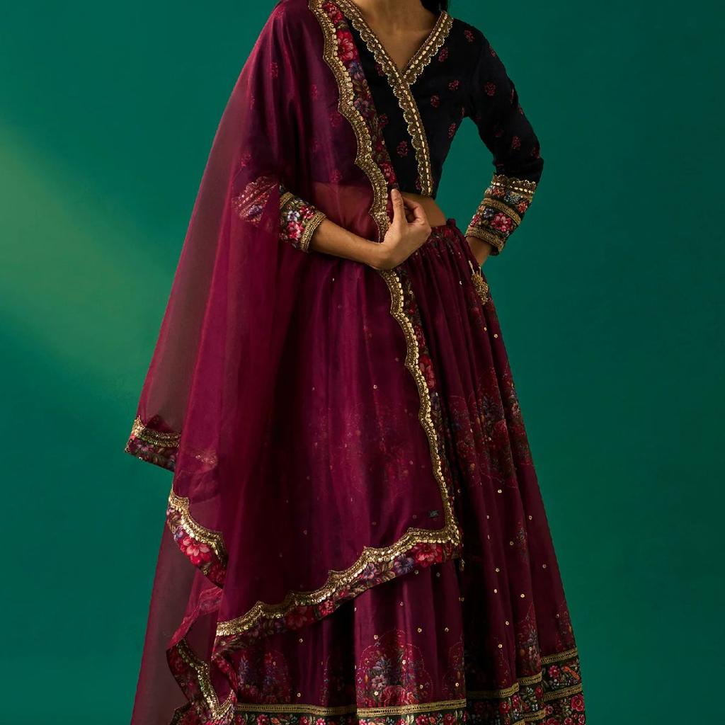 Purple Floral Embroidered Winter Velvet Blouse with Skirt and Dupatta Set