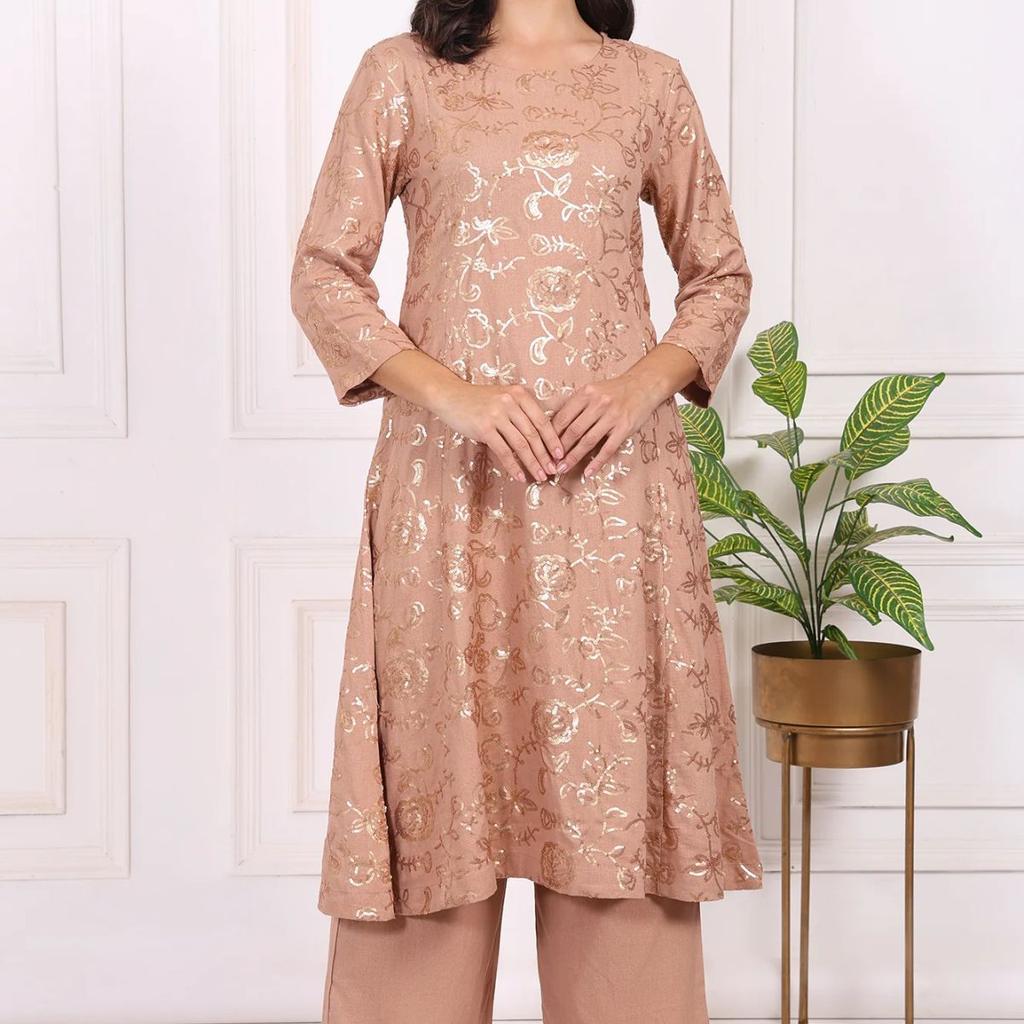 Brown Floral Printed Sequins Straight Rayon Kurta with Flared Pants Set