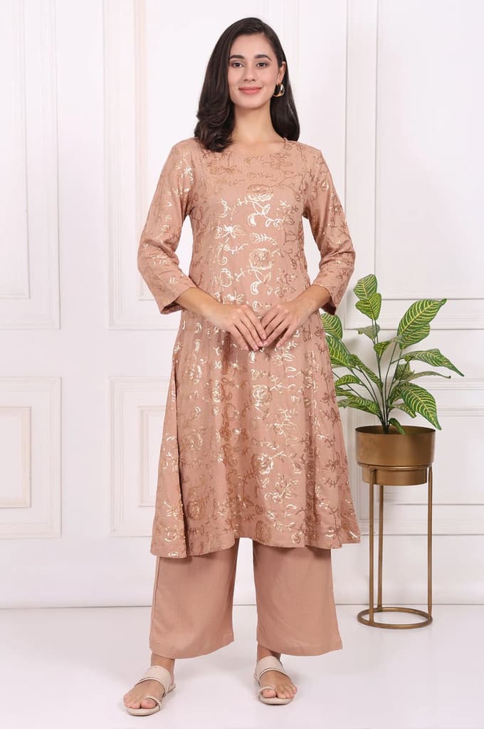 Brown Floral Printed Sequins Straight Rayon Kurta with Flared Pants Set — XS