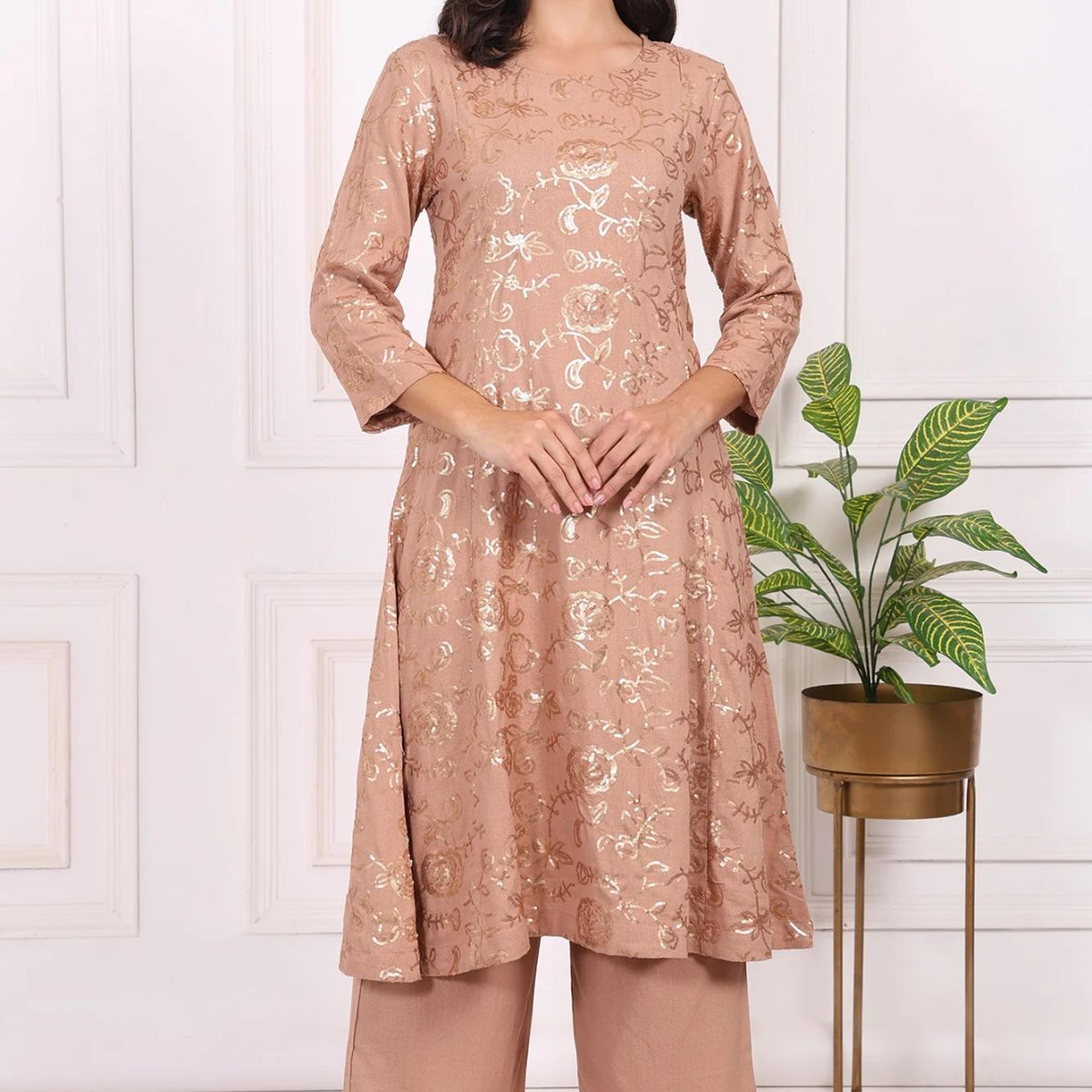Brown Floral Printed Sequins Straight Rayon Kurta with Flared Pants Set