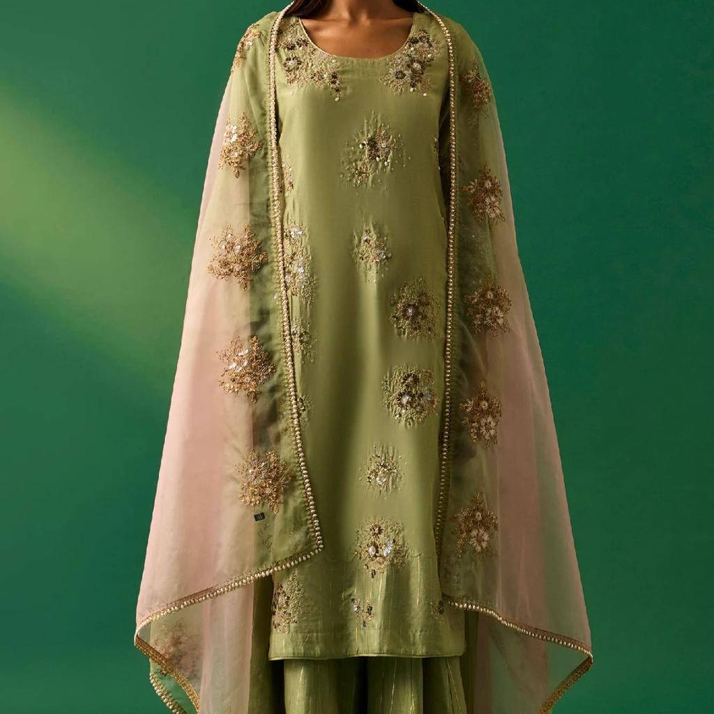 Green Embroidered Straight Cotton Kurta with Culotte and Dupatta Set