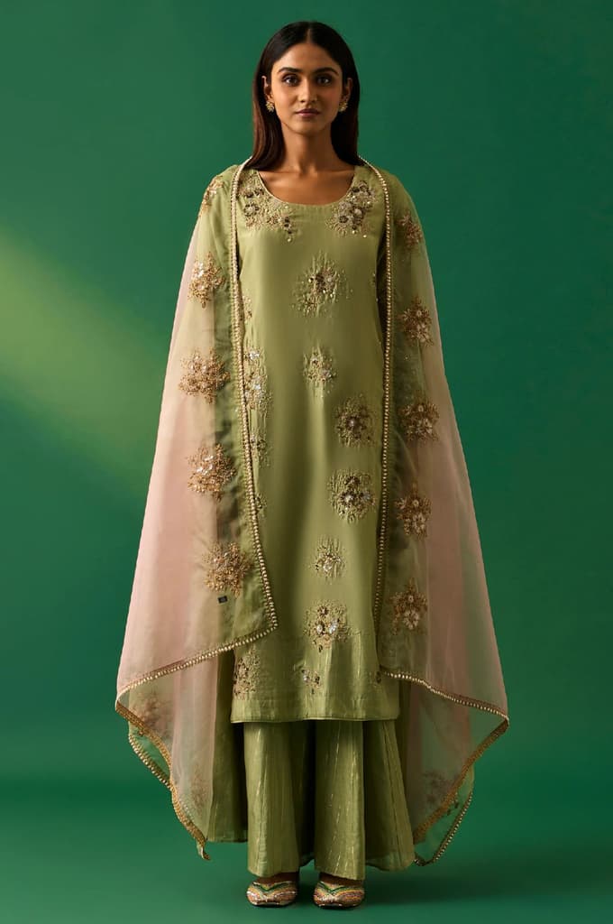 Green Embroidered Straight Cotton Kurta with Culotte and Dupatta Set