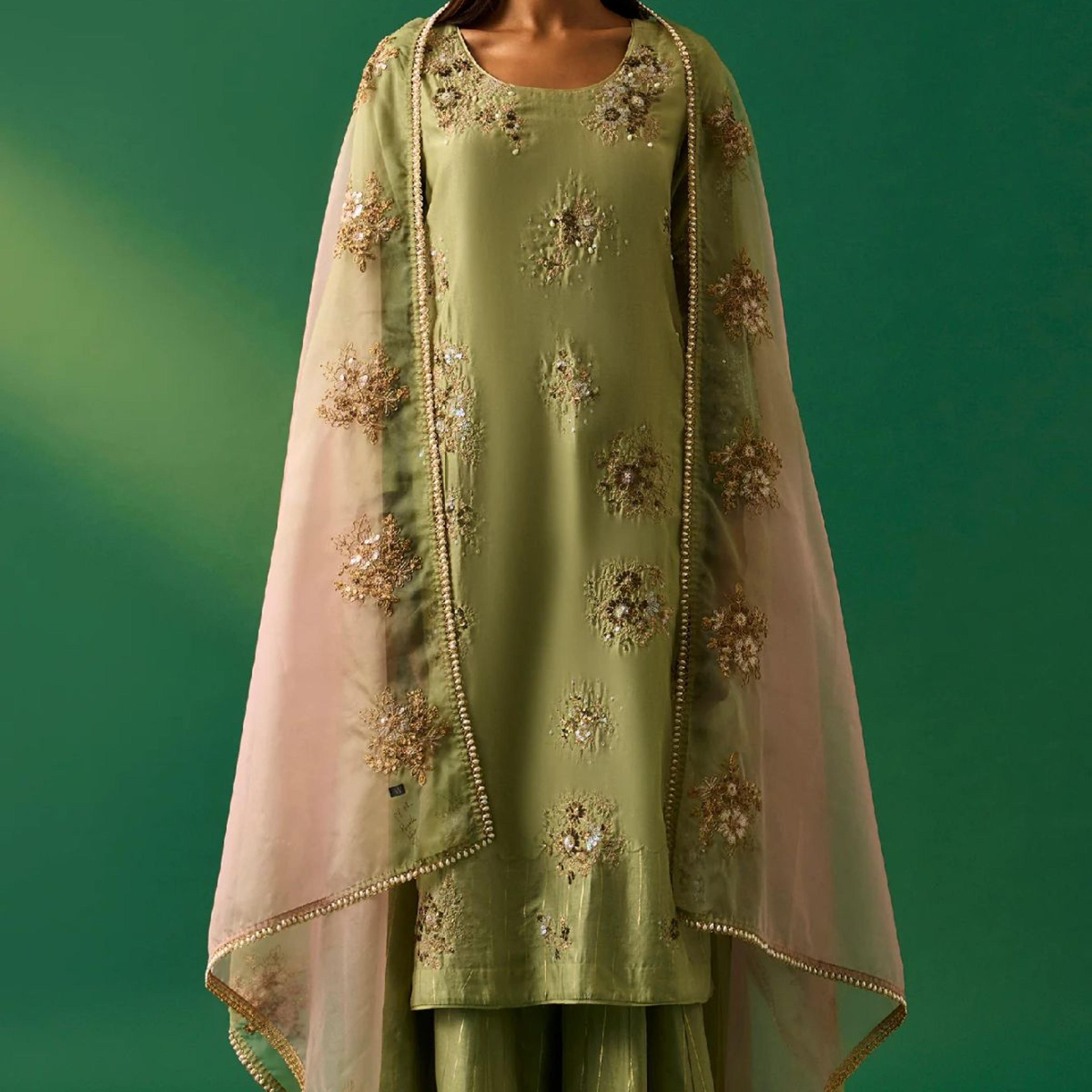 Green Embroidered Straight Cotton Kurta with Culotte and Dupatta Set