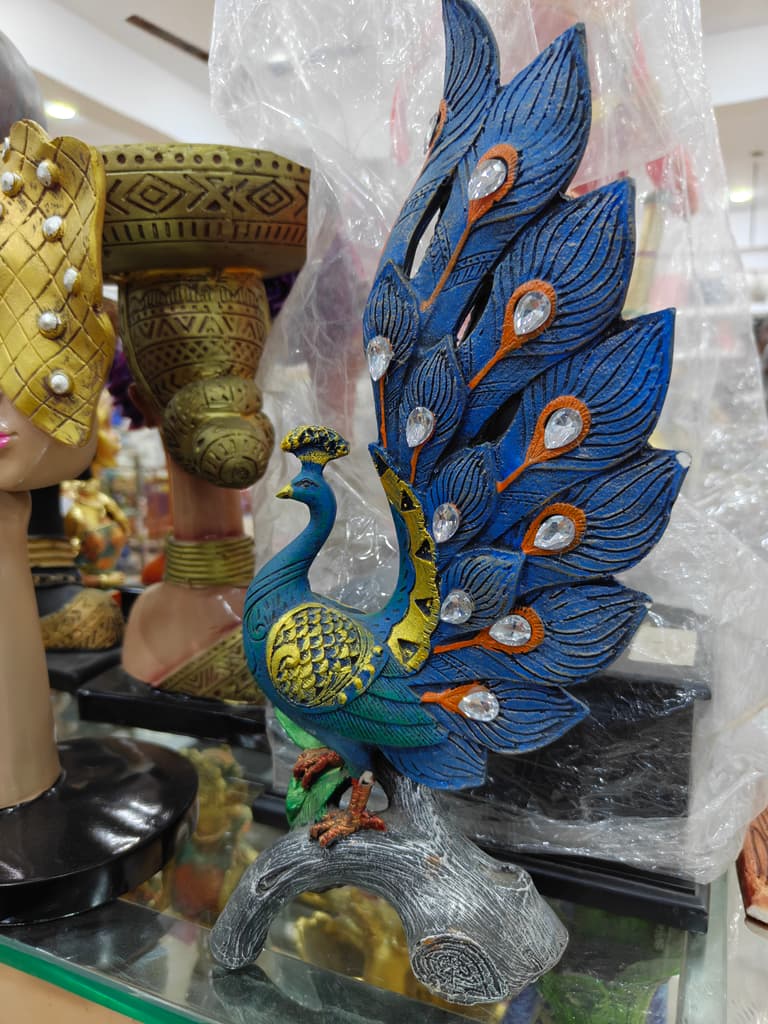 Peacock Feather Statue | Decorative | Wood | Blue