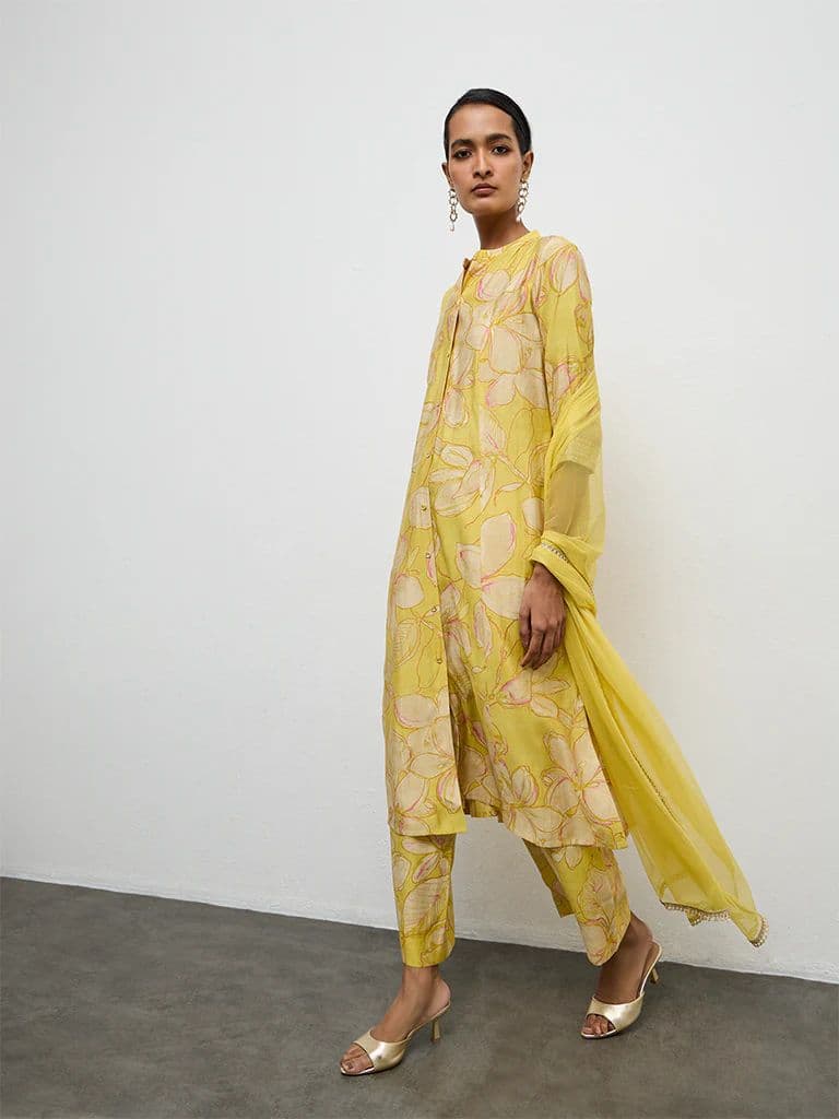 Vark Yellow Floral Pattern A-Line Ethnic Set — photo 2