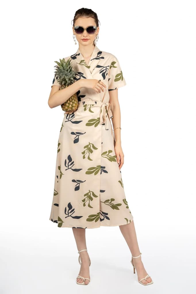 Beige Tropical Print Midi Dress — photo 2