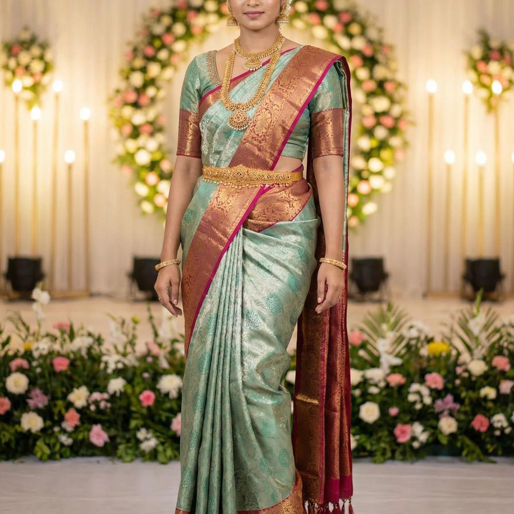 MIMOSA Women's Woven Design Kanjivaram Style Art Silk Saree with Blouse Piece - Rama (SA00002476RMFREE)