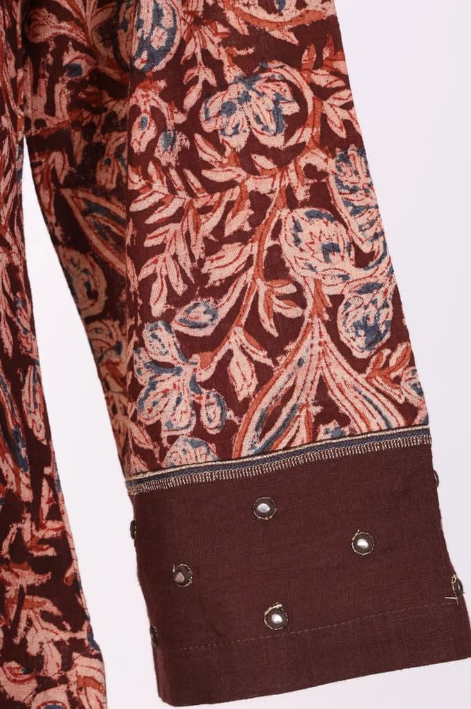 Chocolate Brown Sequins Floral Printed Pure Cotton Straight Kurta — photo 6