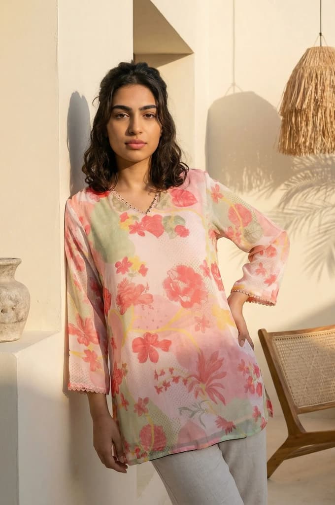 Pink Floral Printed Lace Silver Chiffon Straight Top — XS