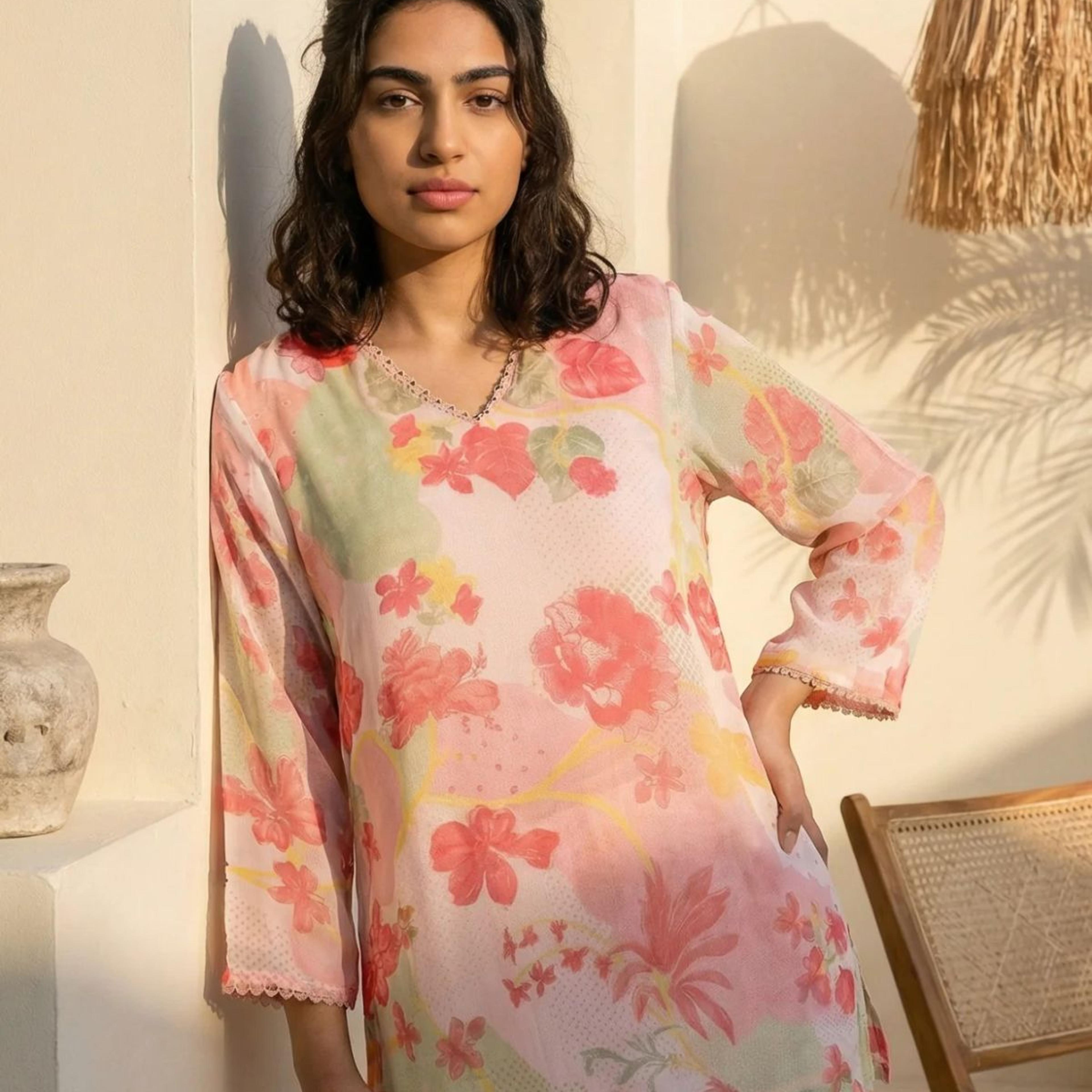 Pink Floral Printed Lace Silver Chiffon Straight Top