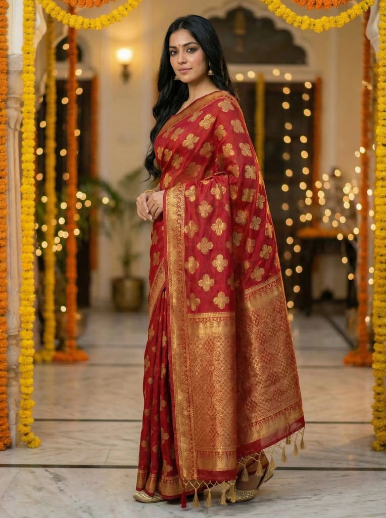 MIMOSA Women's Woven Design Mysore Silk Style Crepe Saree with Blouse Piece - Maroon ( SA00003122MRFREE ) — photo 3