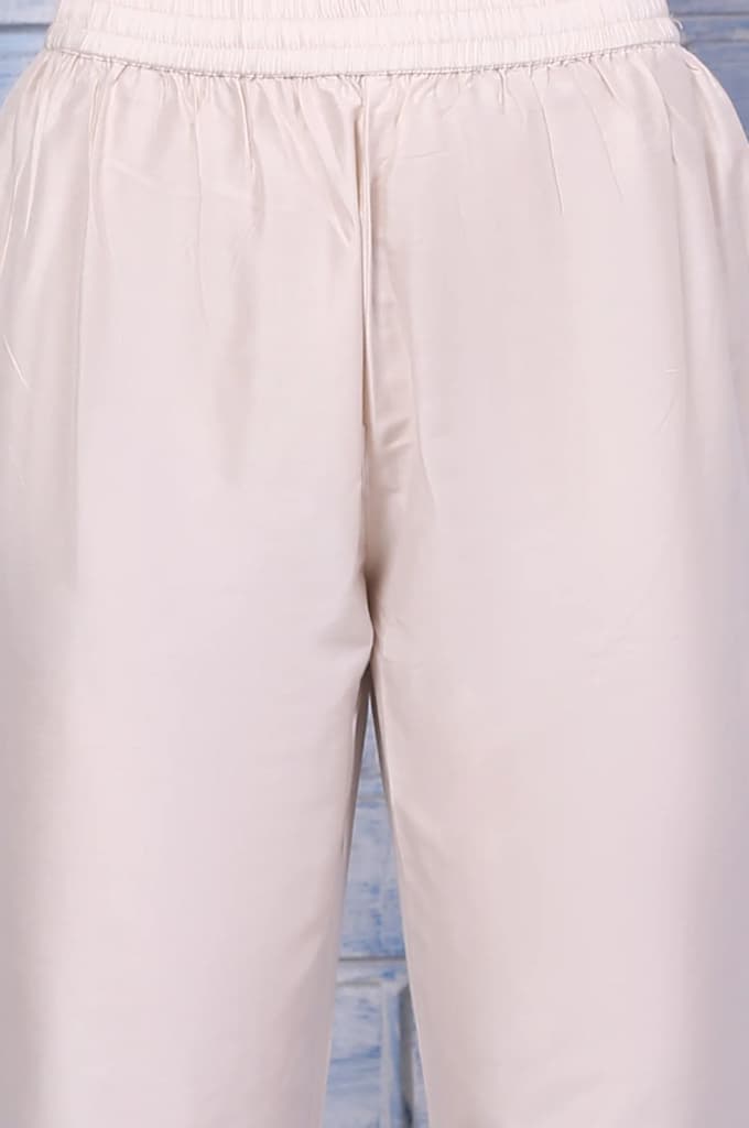 Cream Mirror Work Embroidered Chanderi Flared Kurta, Pants and Dupatta Set — photo 8