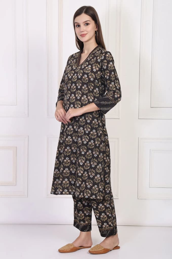 Black Floral Printed Embellished A-Line Cotton Kurta with Straight Pant and Dupatta Set — photo 4