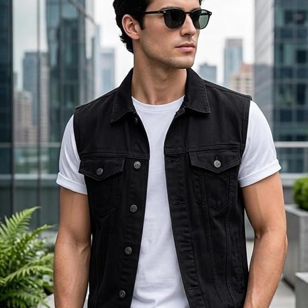 Men's Black Slim Fit Washed Sleeveless Denim Jacket