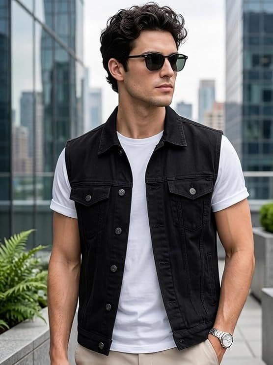 Men's Black Slim Fit Washed Sleeveless Denim Jacket — S / Black