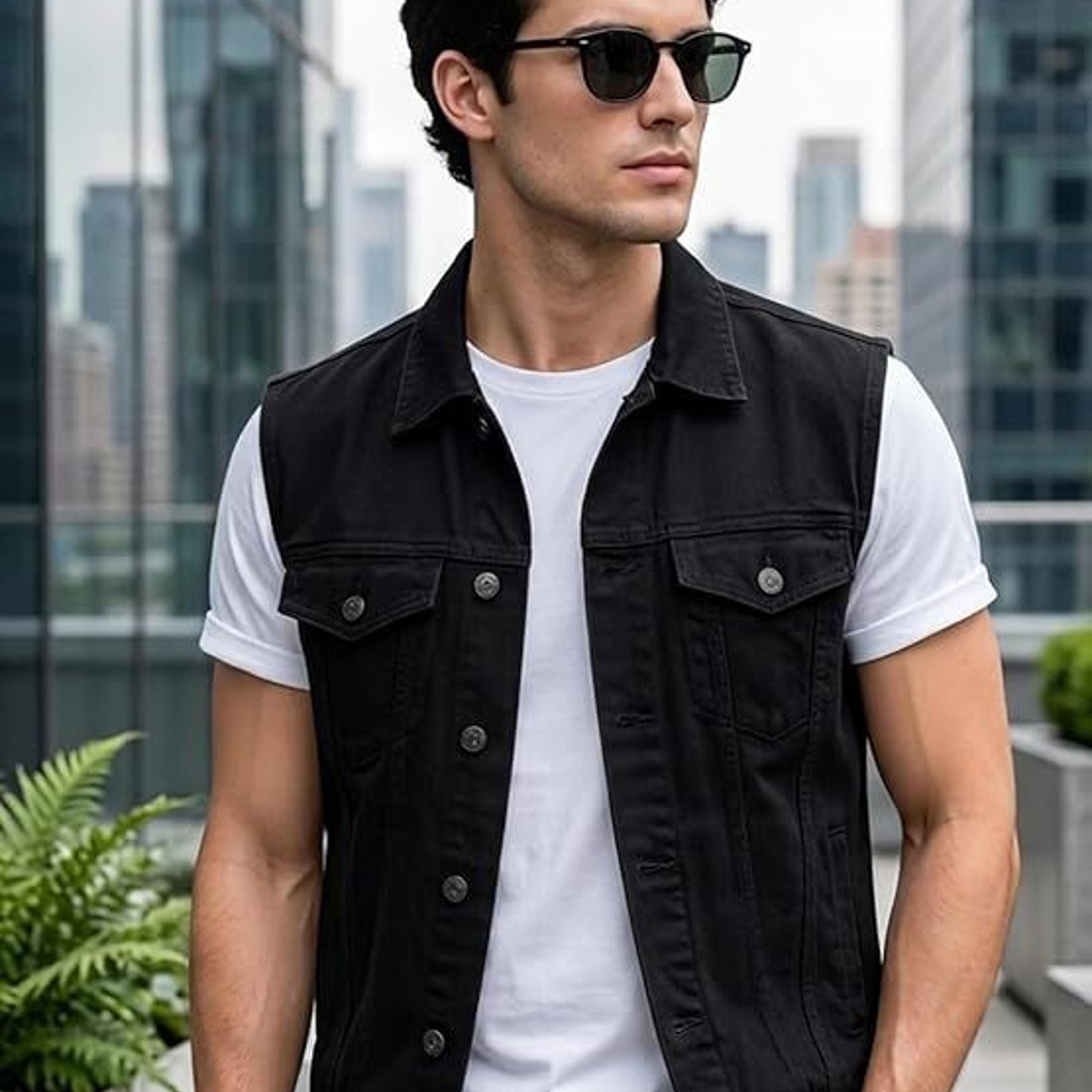 Men's Black Slim Fit Washed Sleeveless Denim Jacket