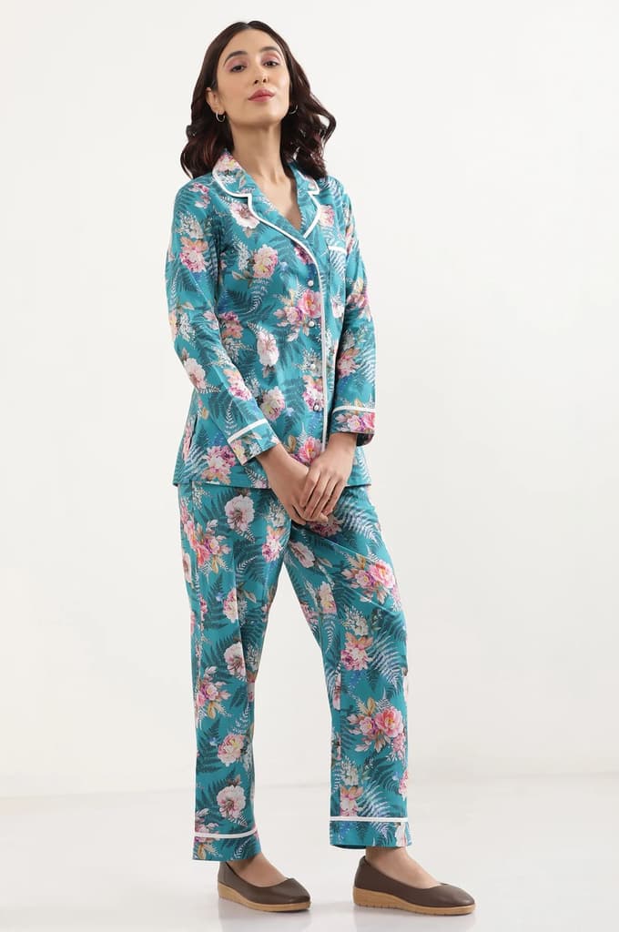 Green Floral Printed Straight Fit Cotton Palazzo With Elasticated Waist — photo 5