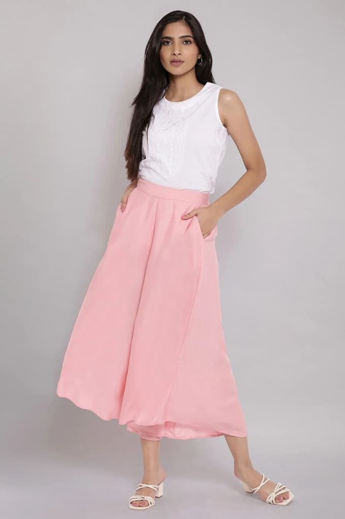 Pink Solid Flared Cotton Culottes With Elasticated Waist — photo 5
