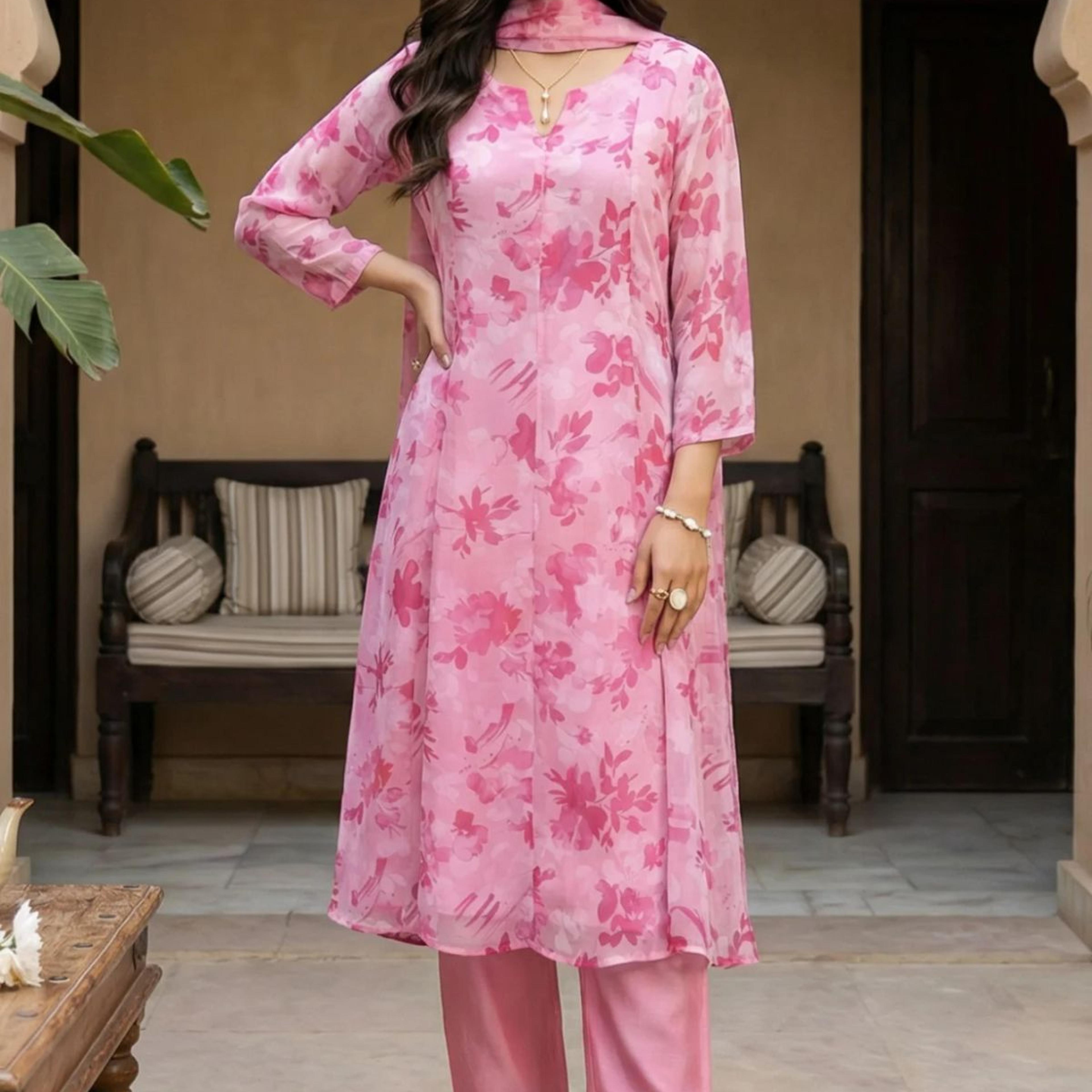 Pink Floral Printed Organza Straight Kurta with Pants and Dupatta Set