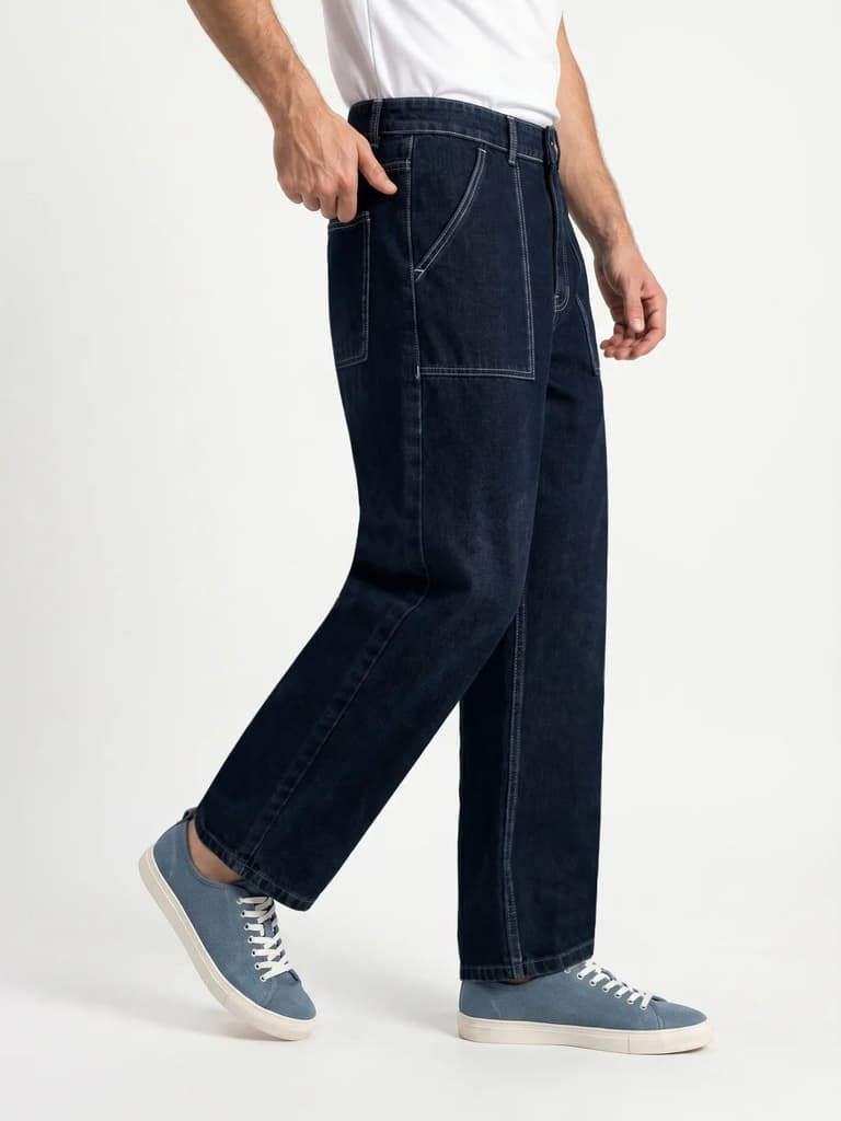 Men's Dark Blue Loose Baggy Fit Washed Denim Jeans Non-Stretchable — photo 2