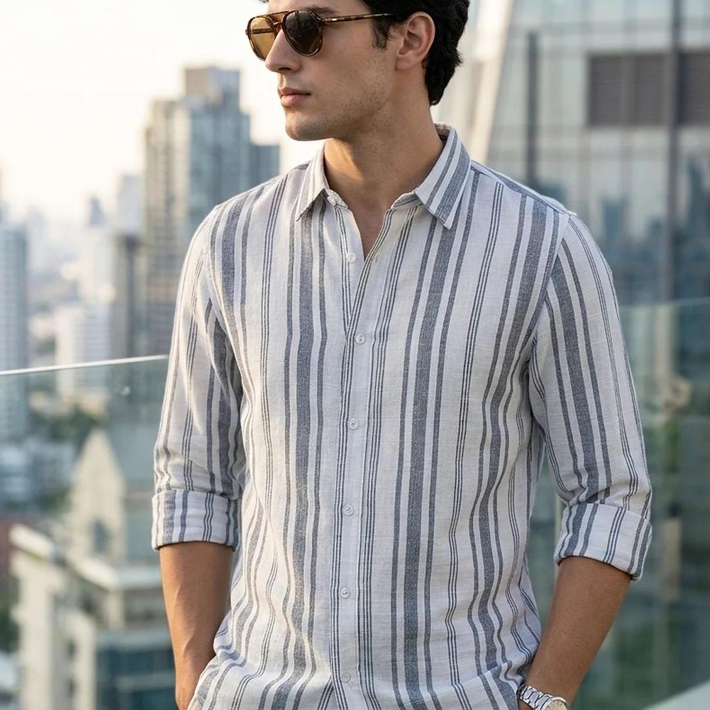 Men's Navy Cotton Full Sleeve Relaxed Fit Linen Striped Shirt with Spread Collar