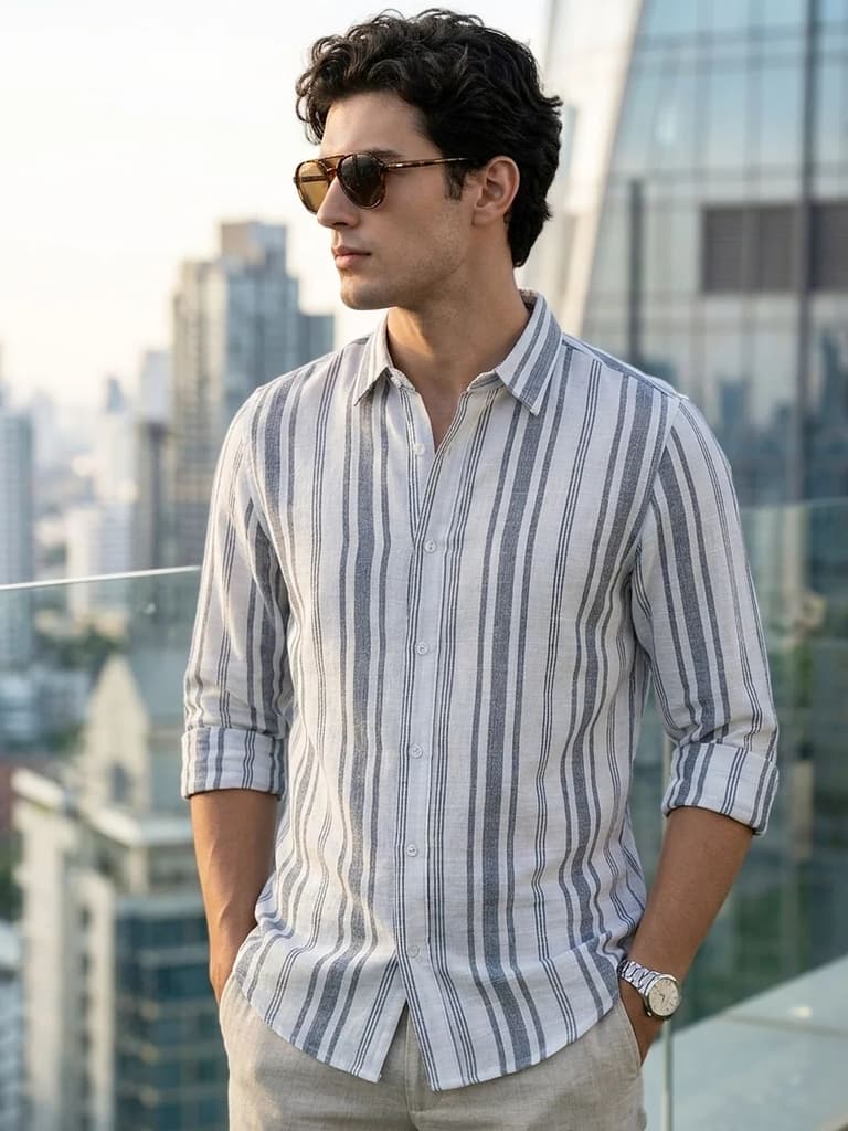 Men's Navy Cotton Full Sleeve Relaxed Fit Linen Striped Shirt with Spread Collar — S / Navy