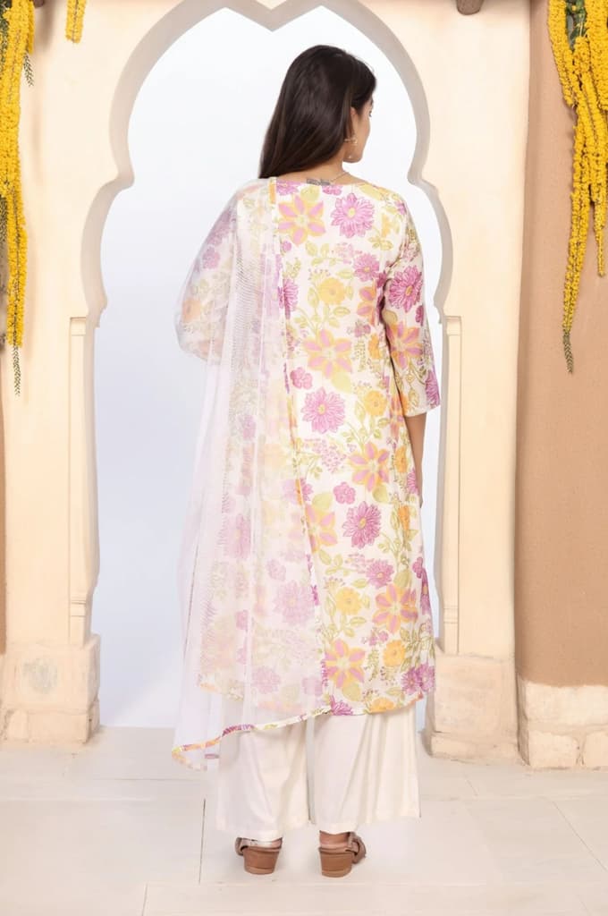 Off-White Floral Printed A-Line Kurta with Parallel Pant and Dupatta Set — photo 5