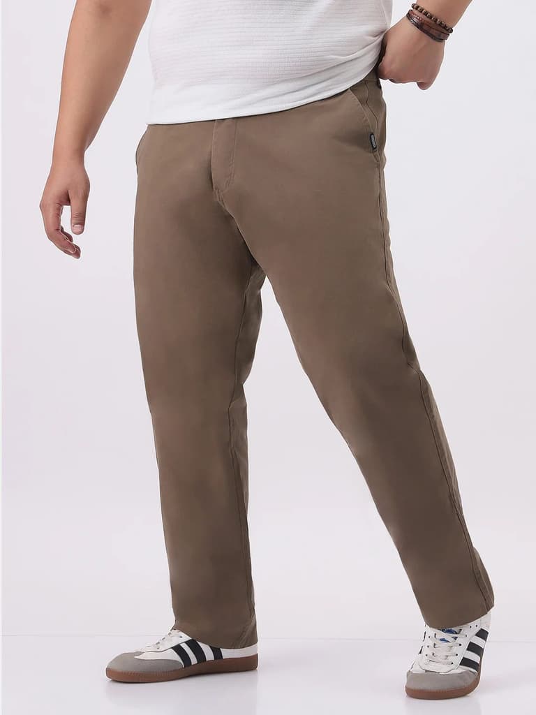Plus Men's Dark Taupe Cotton Regular Fit Casual Chinos Trousers Stretch — 36 / Dark Taupe